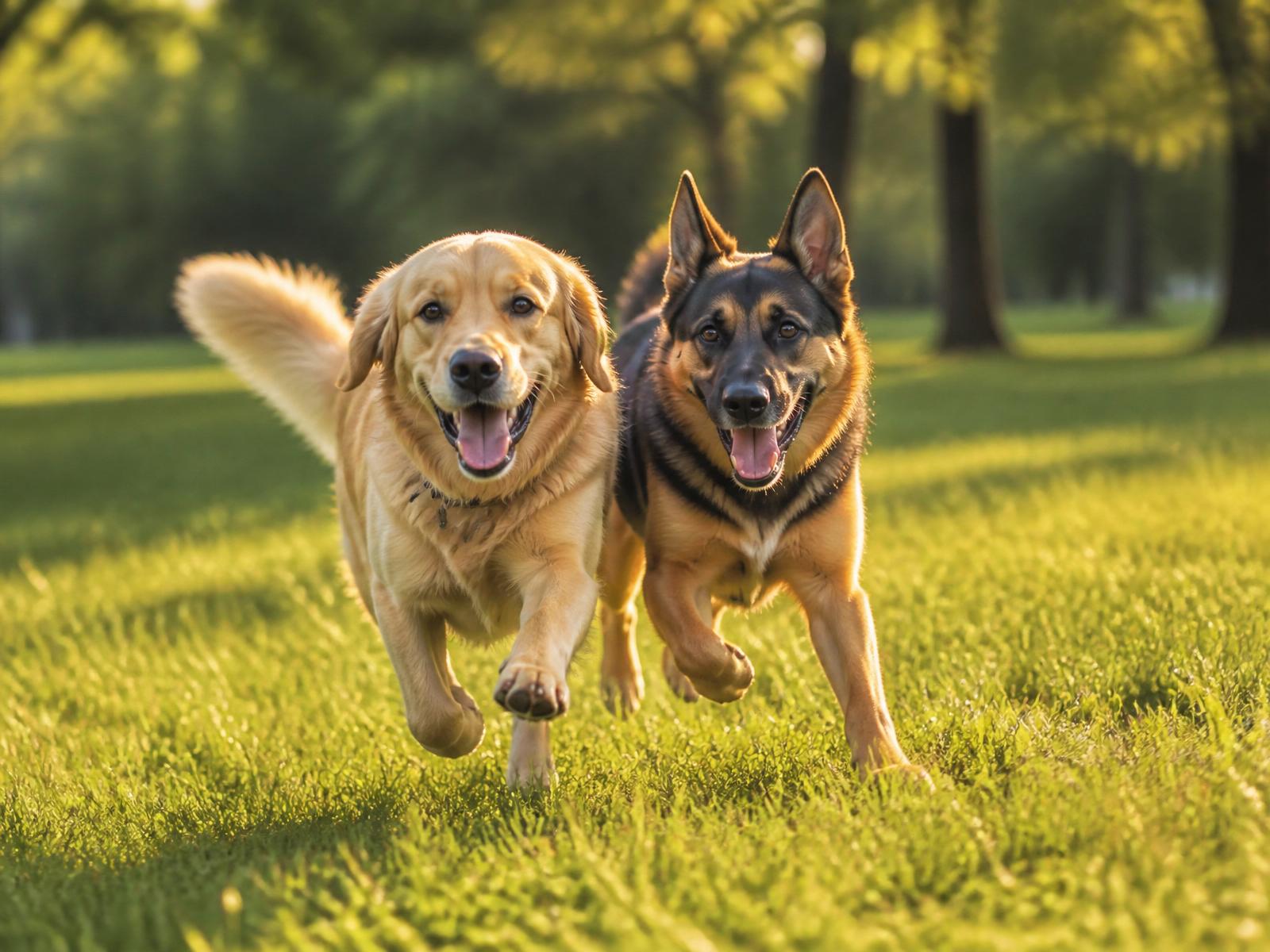 Two dogs running in a park